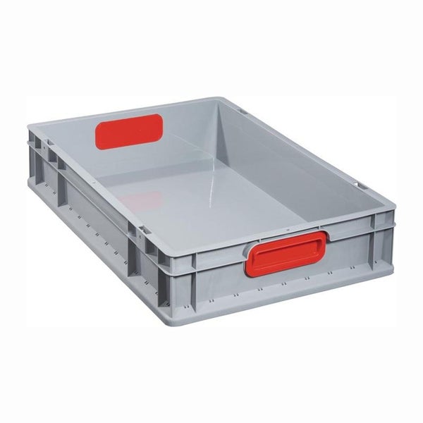 Graue Eurobox aus Kunststoff mit roten Griffen, flache und stapelbare Lagerbox.