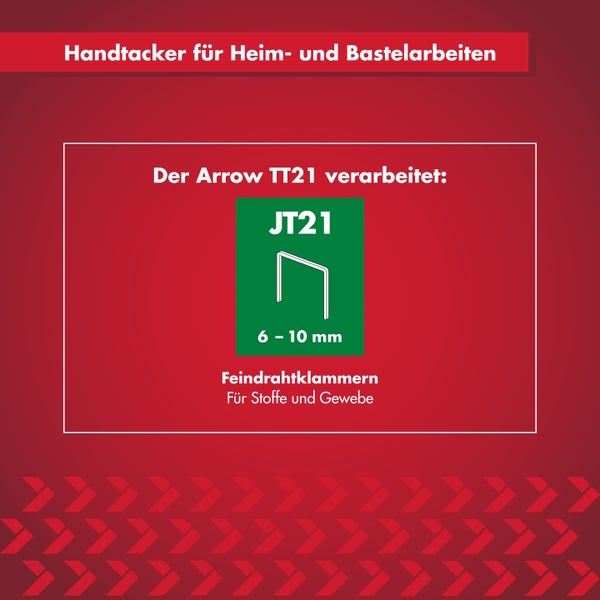 Handtacker Arrow TT21 für JT21 Feindrahtklammern von 6 bis 10 Millimeter zur Verarbeitung von Stoffen und Gewebe.