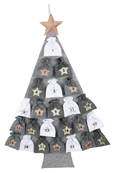 Weihnachtsbaumförmiger Adventskalender mit 24 Stoffbeuteln