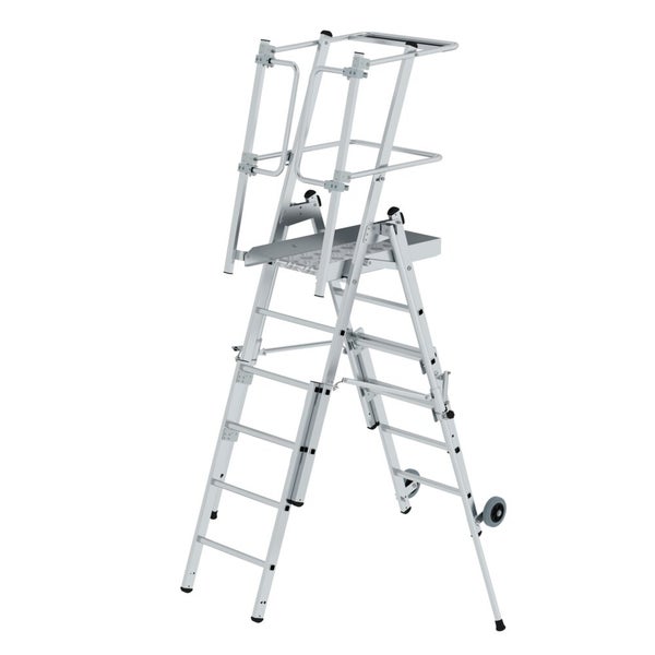 PROREGAL Plattformleiter FlexxStep 4 Sprossen Mit Teleskopaufsatz Plus 2 Sprossen & Beidseitigem Handlauf Aluminium Rutschsichere Leiterschuhe