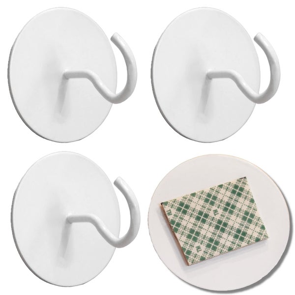 Set von vier selbstklebenden Haken mit runder Basis und Ansicht der Rückseite mit Klebepad.