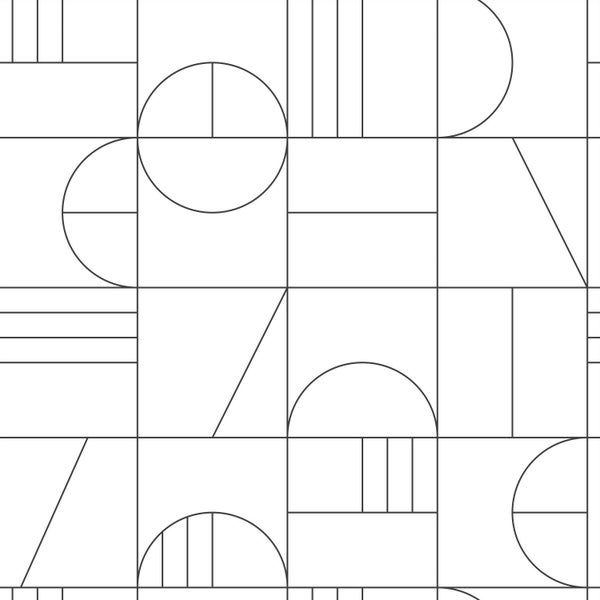 Abstraktes geometrisches Muster mit Linien, Kreisen und Rechtecken