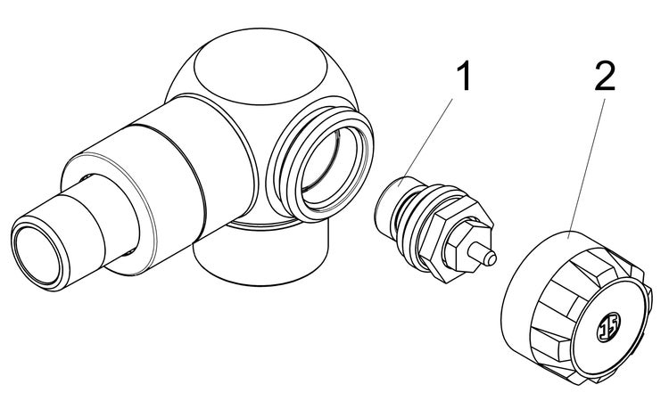 Explosionszeichnung eines Heizkörperventils mit Ventilgehäuse, Ventileinsatz (1) und Bauschutzkappe (2).