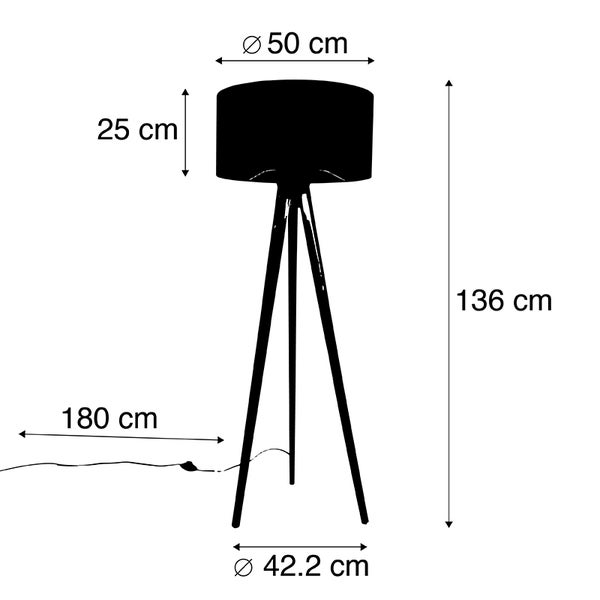 Abbildung einer Stehlampe mit den Maßen Höhe 136 cm, Schirmdurchmesser 50 cm, Schirmhöhe 25 cm, Durchmesser der Stativbeine 42,2 cm und Kabellänge 180 cm
