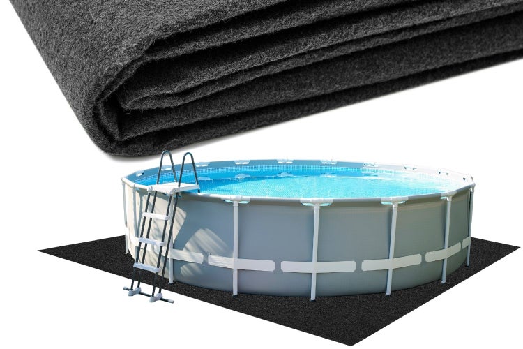 Pool-Unterlegvlies aus Nadelfilz, gezeigt als Materialdetail und in Anwendung unter einem runden Aufstellpool mit Leiter.