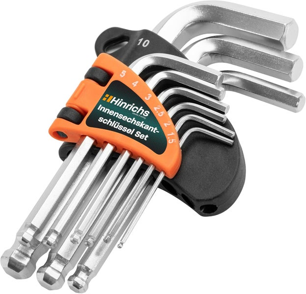 Hinrichs Innensechskantschlüssel-Set mit Kugelkopf in verschiedenen Größen in einem Kunststoffhalter.