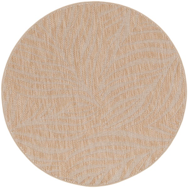 Runder Teppich für innen und außen in Beige mit Blattmuster, gewebte Struktur, Flachgewebe.