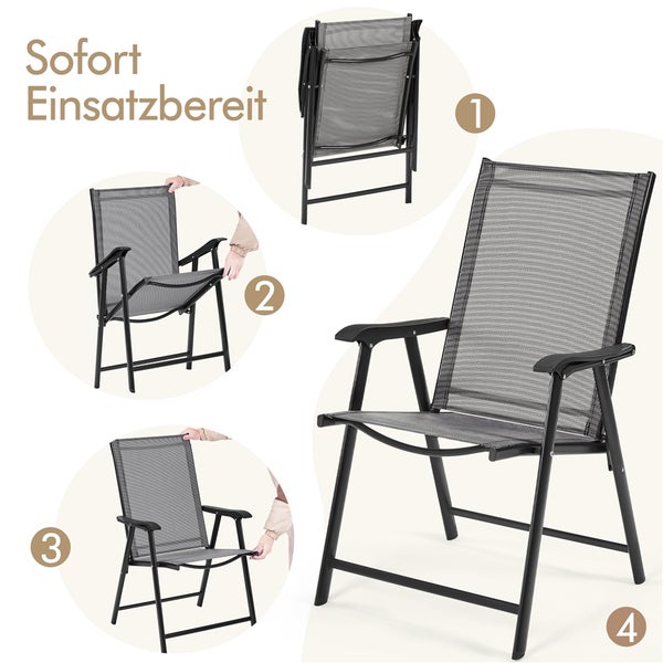 Darstellung eines klappbaren Gartenstuhls mit hoher Rückenlehne in verschiedenen Konfigurationen
