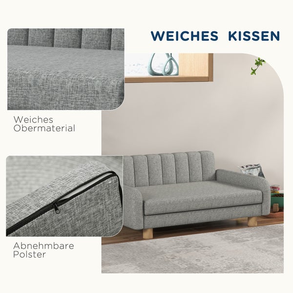 PawHut Hundesofa Haustiersofa Hundecouch Hundebett mit weichem Kissen, Erhöhter Hundesessel für mittelgroße Hunde, Leinenimitat, Grau, 94 x 61 x 40 cm