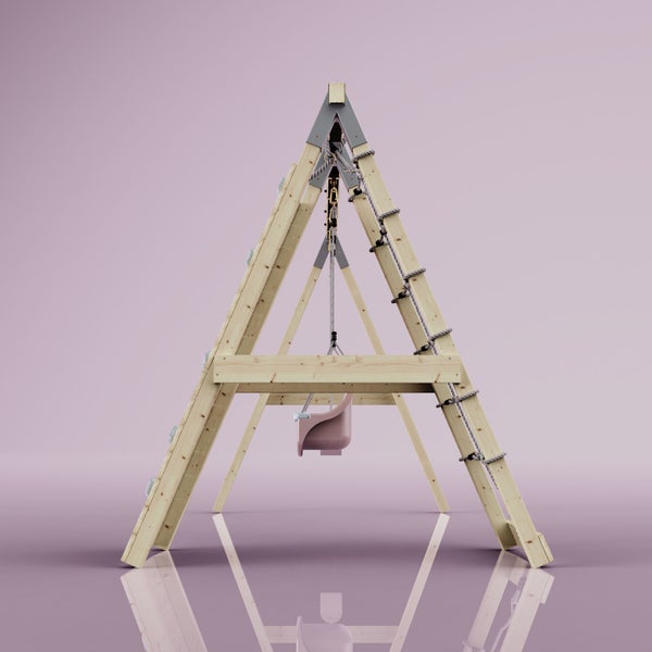 Klettergerüst aus Holz mit Schaukel, Kletterwand mit Griffen und Strickleiter.