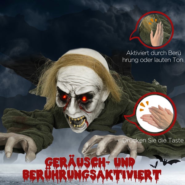HOMCOM 167cm Halloween-Dekoration Zombie Untoter, Lebensechte Größe Halloween-Zombie mit Rot Leuchtende Augen, Garten Dekoration mit Heul-Geräusch