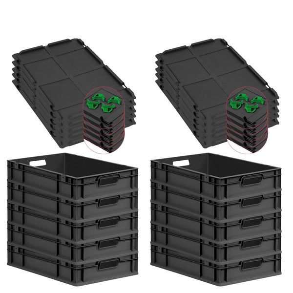 PROREGAL SparSet 10x Eurobox NextGen Grip mit Auflagedeckel inkl. 4 grünen Schiebeschnappverschlüssen, HxBxT 12x40x60cm, 23 Liter, Schwarz, Griffe offen, Eurobehälter, Transportbox, Transportbehälter, Stapelbehälter