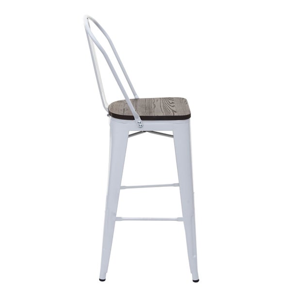 Barhocker mit Rückenlehne, Holz und Metall