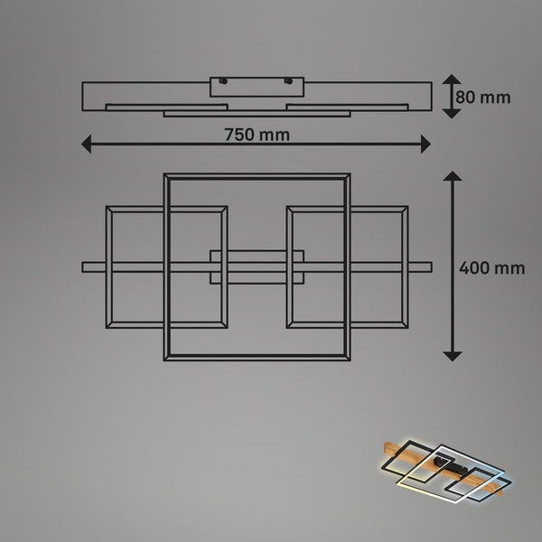 Briloner Cadre LED Deckenlampe, Indirektes Licht, Dimmbar, Speicherfunktion, Fernbedienung, Schwarz-Holz, 75 x 40 x 8 cm