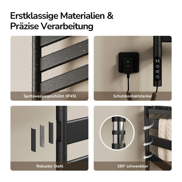 Details zum elektrischen Handtuchheizkörper: IP45 Spritzwasserschutz, Schutzkontaktstecker, Display, robuster Stahl und 180 Grad schwenkbar.