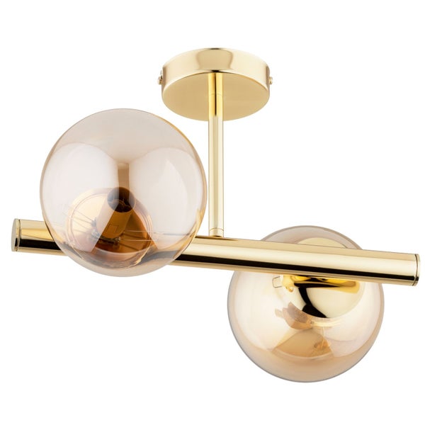 Moderne Deckenleuchte mit zwei Glaskugeln und Metallgestell zur stilvollen Raumbeleuchtung.