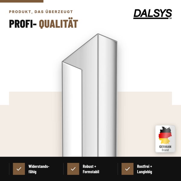 Dalsys Fliesenprofil aus Metall zur Kantenabdeckung, rostfrei und formstabil, deutsches Markenprodukt.