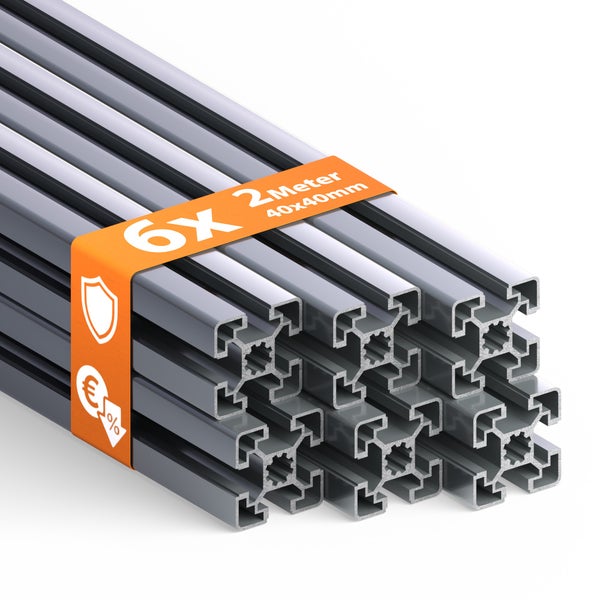 Sechs Aluminiumprofile, jeweils zwei Meter lang mit den Maßen 40 mal 40 Millimeter.