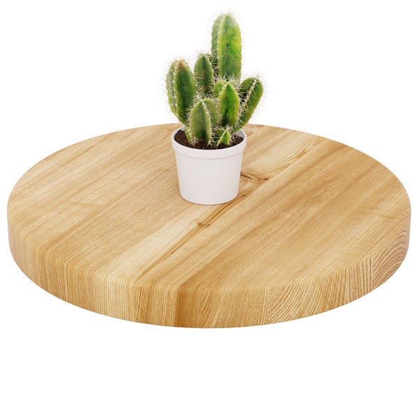 Dicke runde Holzplatte mit sichtbarer Maserung und einem kleinen Kaktus im Topf.