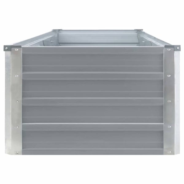 Rechteckiges Hochbeet aus Metall mit profilierten Seitenwänden und verstärkten Eckverbindungen.