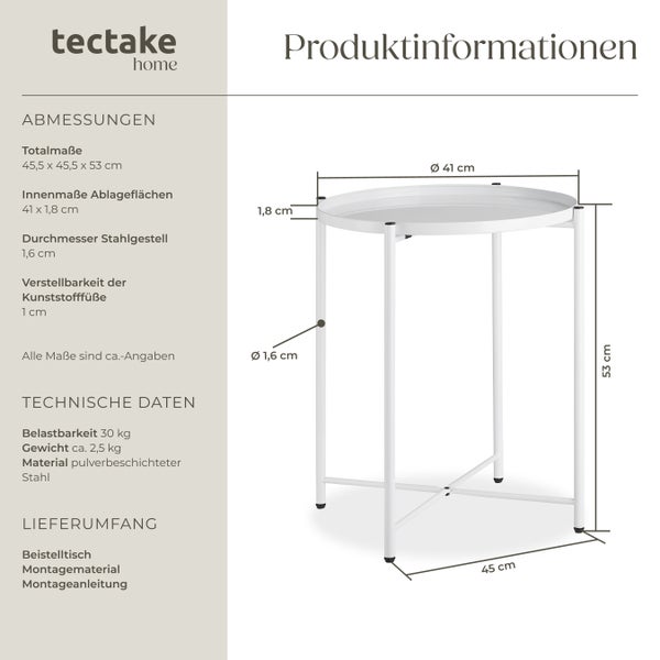 Beistelltisch tectake Chester 45,5 x 45,5 x 53 cm Stahl weiß
