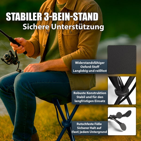 Angler sitzt auf einem stabilen Dreibeinhocker am Wasser.