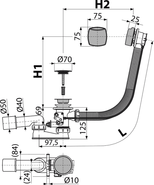 Technische Zeichnung einer Ab- und Überlaufgarnitur für Badewannen mit detaillierten Maßangaben in Millimetern.