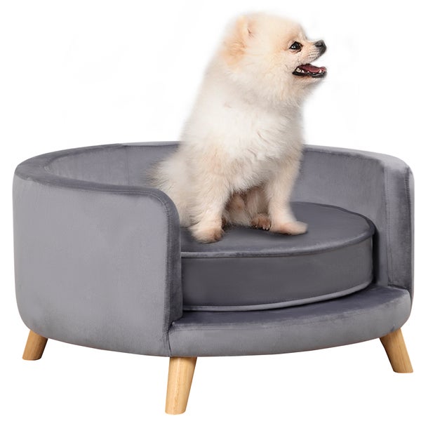 PawHut Hundesofa, Haustiersofa mit Samtoptik, Katzensofa mit Kissen, Hundebett, Hundecouch mit Erhöhtem Design, Hundesessel mit Holzbeine, Grau, 68 x 68 x 35 cm