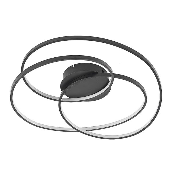 Moderne LED-Deckenleuchte aus schwarzem Metall mit ineinander verschlungenen ovalen Ringen.