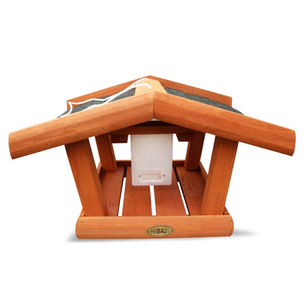 Vogelhaus aus Holz mit Futtersilo und Dach