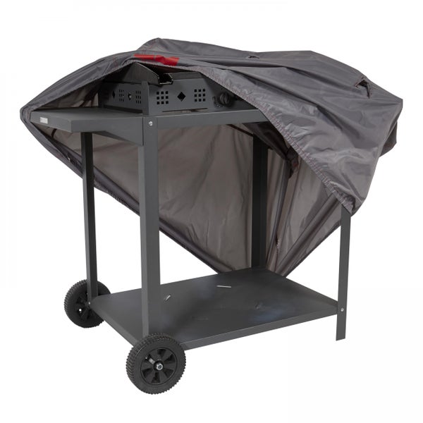 Dunkelgraue Wetterschutzhülle über einem fahrbaren Grillwagen aus Metall mit zwei Kunststoffrädern.