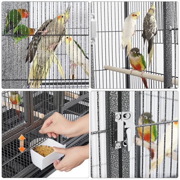 Detailansicht eines Vogelkäfigs mit Vögeln, Futterbehälter und Verschlussmechanismus.
