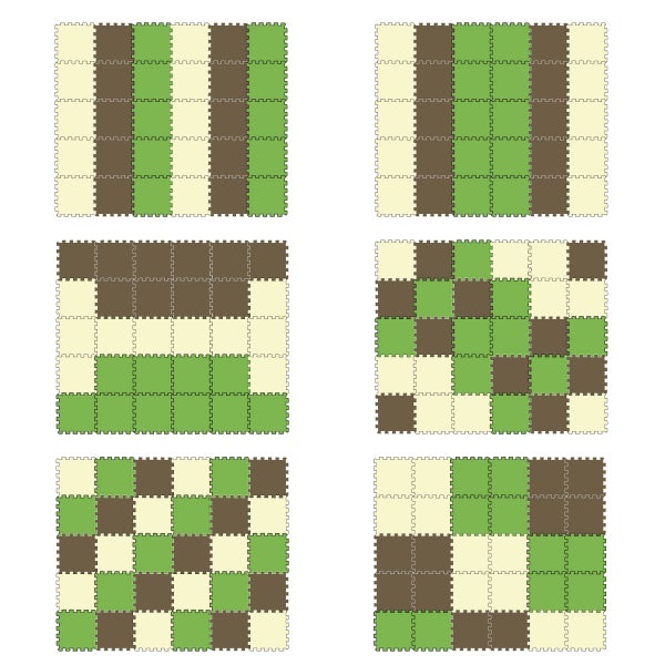 Schaumstoff-Puzzlematten Set mit ineinandergreifenden Quadraten in verschiedenen Verlegemustern.