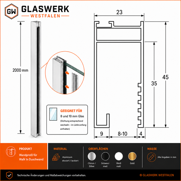 Technische Zeichnung und Maße für das Glaswerk Westfalen Aluminium Wandprofil für Walk-In Duschwände, geeignet für 8 und 10 Millimeter Glas.