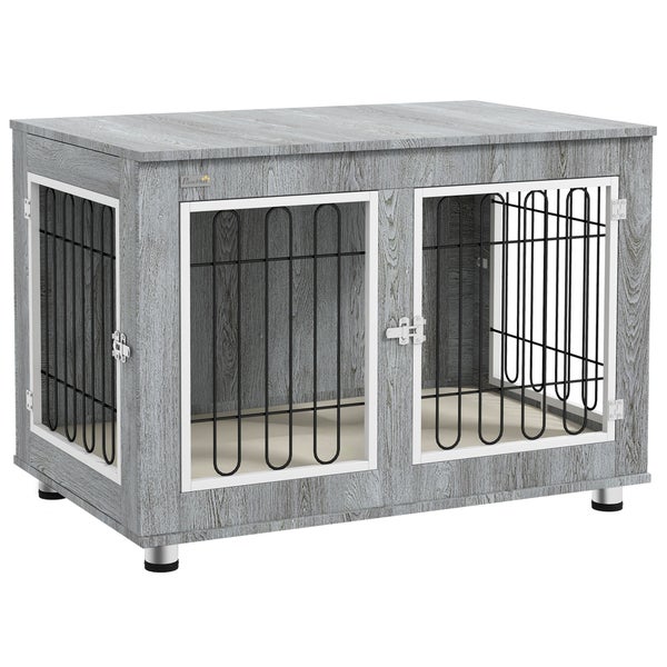 PawHut Hundekäfig, Hundehütte, Haustierkäfig mit Kissen, 2 Verriegelungen für Mittelegroße Hunde, Hundebox mit Doppeltüren, Hundehaus, Grau, 90 x 58 x 65 cm