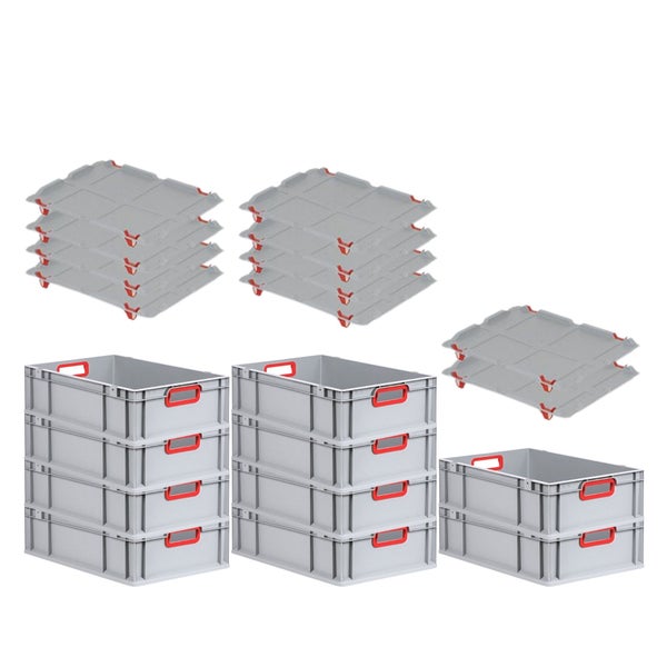 PROREGAL Spar Set 10x Eurobox Nextgen Color Mit Auflagedeckel & Schiebeschnappverschlüsse HxBxT 17 x 40 x 60 cm Griffe Rot Offen Glatter Boden