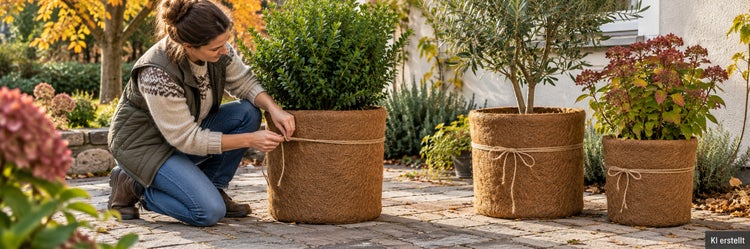 Eine Frau befestigt einen Kokosmatten Winterschutz an einem Pflanzkübel auf einer Terrasse mit verschiedenen Topfpflanzen im Garten.