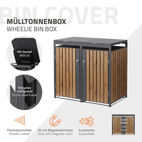 Mülltonnenbox für zwei Tonnen mit robustem Stahlgestell, Eiche-Dekor, Deckel, Magnetverschluss, pulverbeschichtet und erweiterbar.