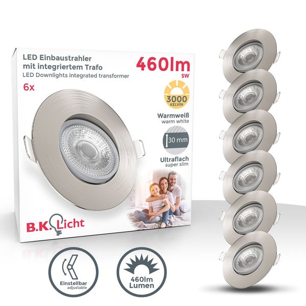 Einbaustrahler 68mm 6er Set - 230V, 4,9W, 480lm, LED, warmweiß, matt-nickel