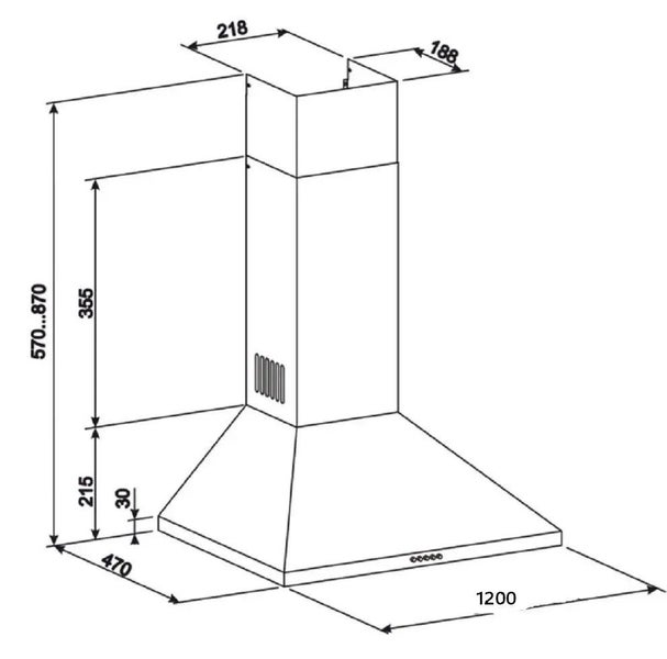 Dunstabzugshaube Maßskizze in Millimetern: Breite 1200, Tiefe 470, Gesamthöhe 570 bis 870.