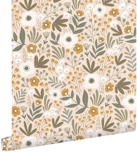 ESTAhome Tapete Blumen Graugrün und Braun - 50 x 900 cm - 131068