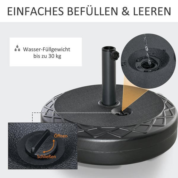 Outsunny Sonnenschirmständer Sonnenschirmfuß für Ø38/48 mm Schirmstange Gartenschirmständer bis 30 kg Wasser/ 40 kg Sand befüllbar, HDPE, Schwarz Ø55 x 38 cm