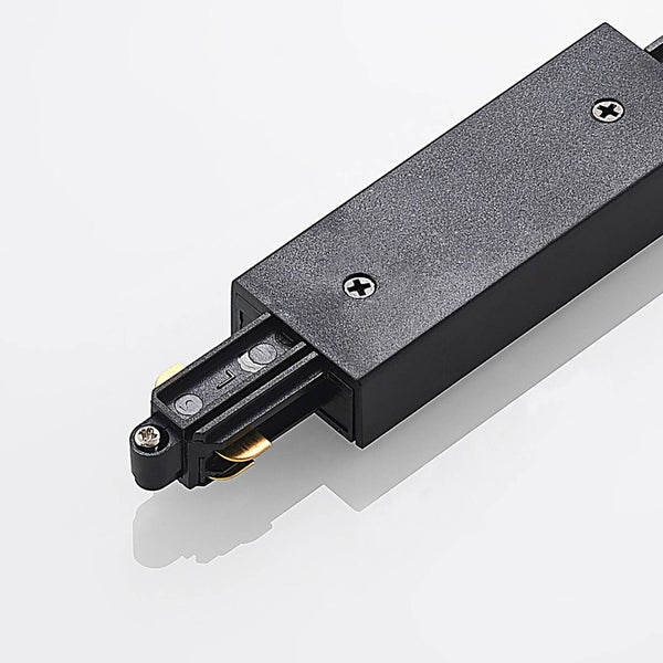 Schienenverbinder für Stromschienen in Schwarz mit sichtbaren Metallkontakten und Befestigungsschrauben.