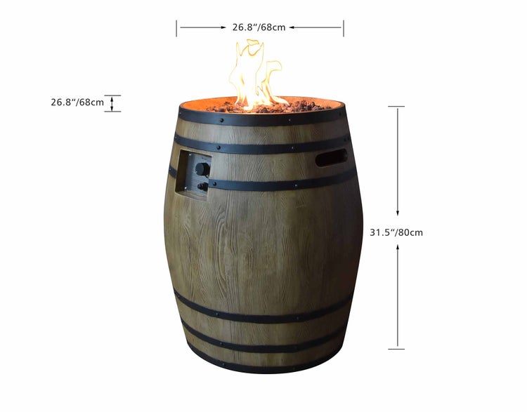 Gas-Feuerstelle in Holzfass-Optik mit Flammen, Lavasteinen und Maßangaben: 68 Zentimeter Durchmesser, 80 Zentimeter Höhe.