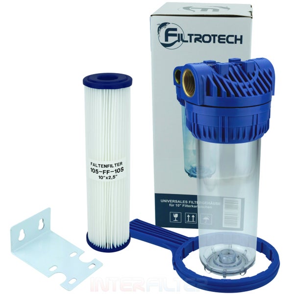 Filtrotech Wasserfiltergehäuse Set mit 10 Zoll Faltenfilter Gehäuse Wandhalterung und Montageschlüssel zur Wasseraufbereitung