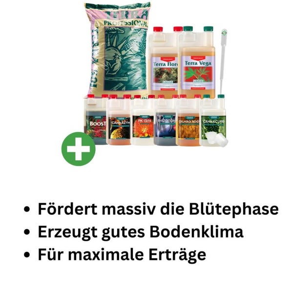 Canna Terra Prof. Erde-Set Big L – Komplettes Set mit 50L Blumenerde, 1L Canna Terra Vega & Flores, Canna Boost, Rhizotonic, PK 13/14, Cannazym, Canna Cure & Calmag für gesundes Wachstum und üppige Blüte