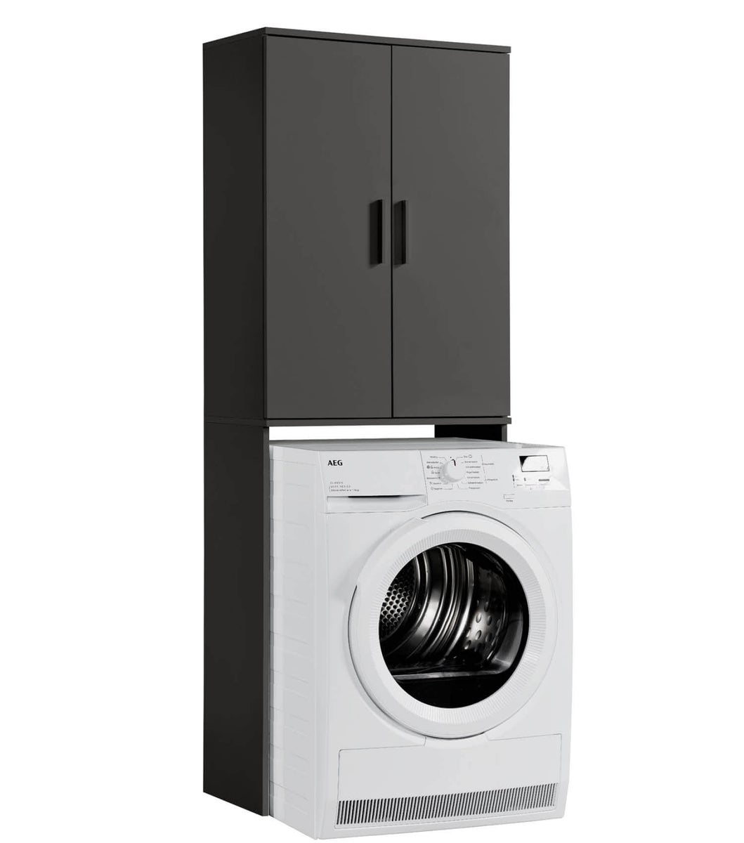 Waschmaschinenschrank für Waschmaschinen und Trockner 'Der Saubermann' Toilettenregal, WC Regal, Überbau oder Überbauschrank in Anthrazit aus Holz, Hochschrank oder Badschrank 180cm Höhe