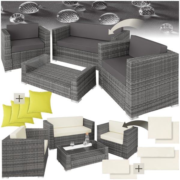 Rattan Lounge tectake München mit Sicherheitsglasplatte mit Aluminiumgestell grau