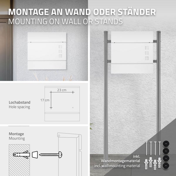 Briefkasten zur Wandmontage oder Ständermontage mit Maßen für Lochabstand 23 mal 17 Zentimeter und inklusive Montagematerial.
