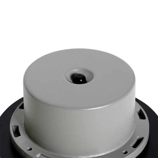 Runder Montagesockel für eine Außenleuchte mit strukturierter grauer Oberfläche und zentralem Befestigungspunkt.